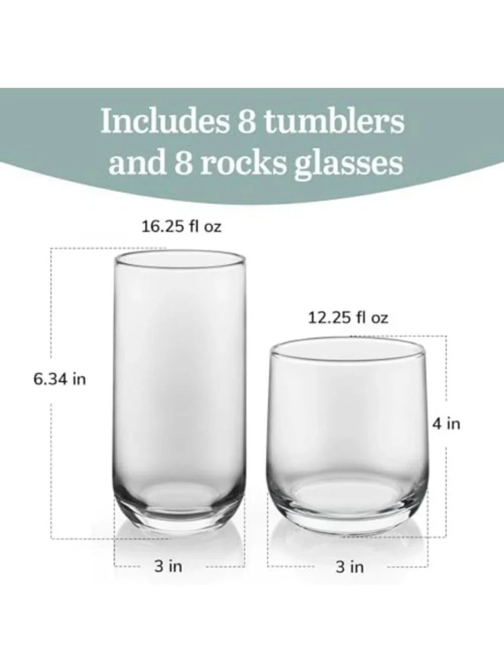 Set of 16 Clear Glass Tumblers & Rocks Drinking Glasses - Perfect for